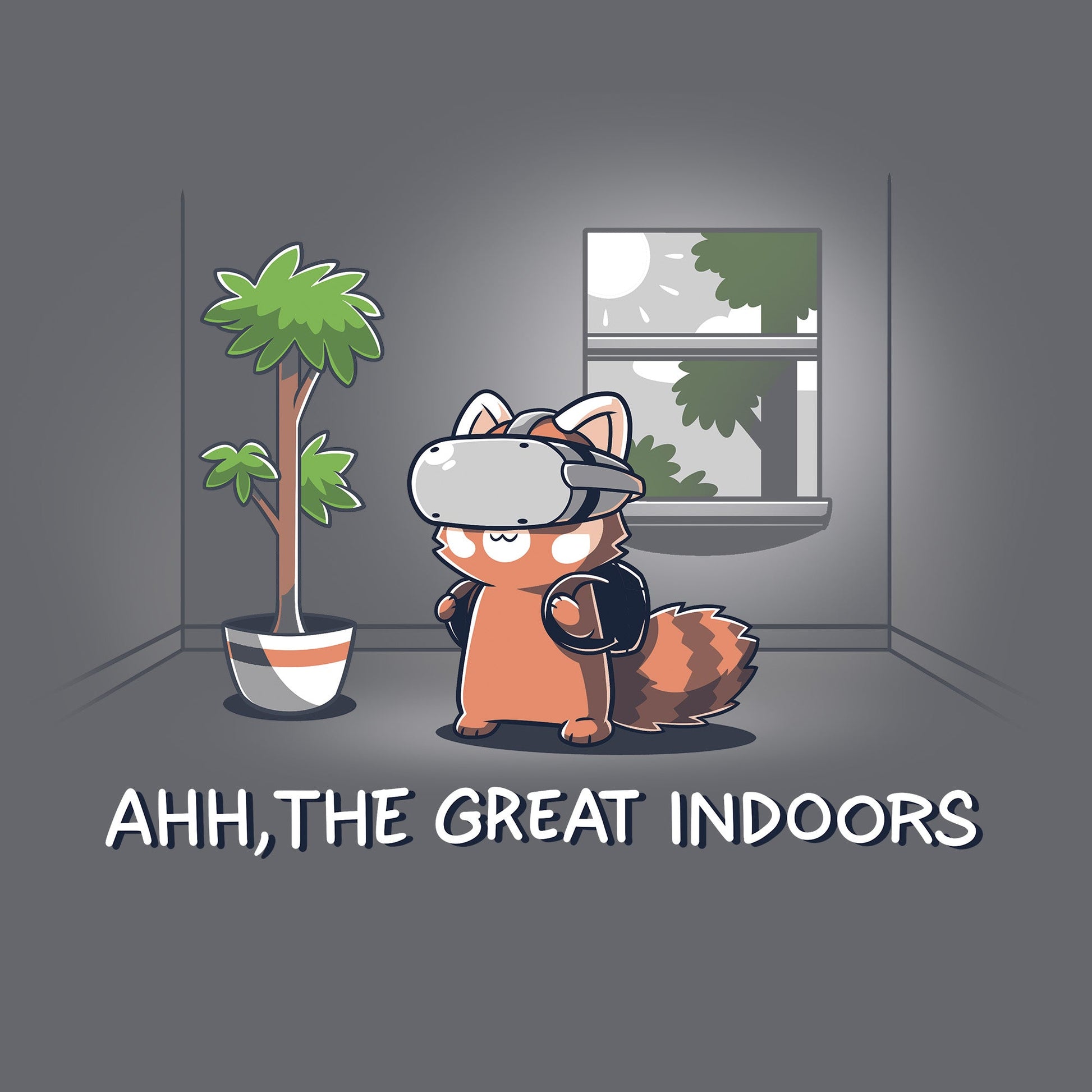 Classic Cotton T-shirt_TeeTurtle Ahh, The Great Indoors Charcoal Gray t-shirt featuring A cartoon fox wearing a VR headset stands indoors beside a potted plant and a window. The text below reads, "AHH, THE GREAT INDOORS". 