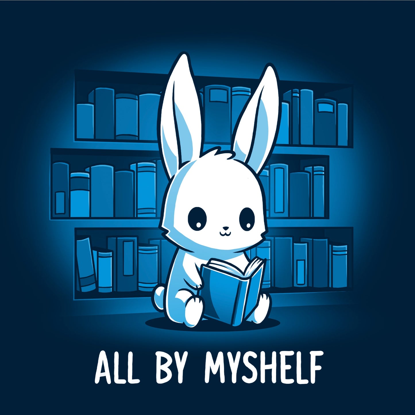 Pullover Hoodie_TeeTurtle All By MyShelf navy blue t-shirt featuring a cute white rabbit sitting in front of bookshelves, reading a book, with the text "All By MyShelf" written below.