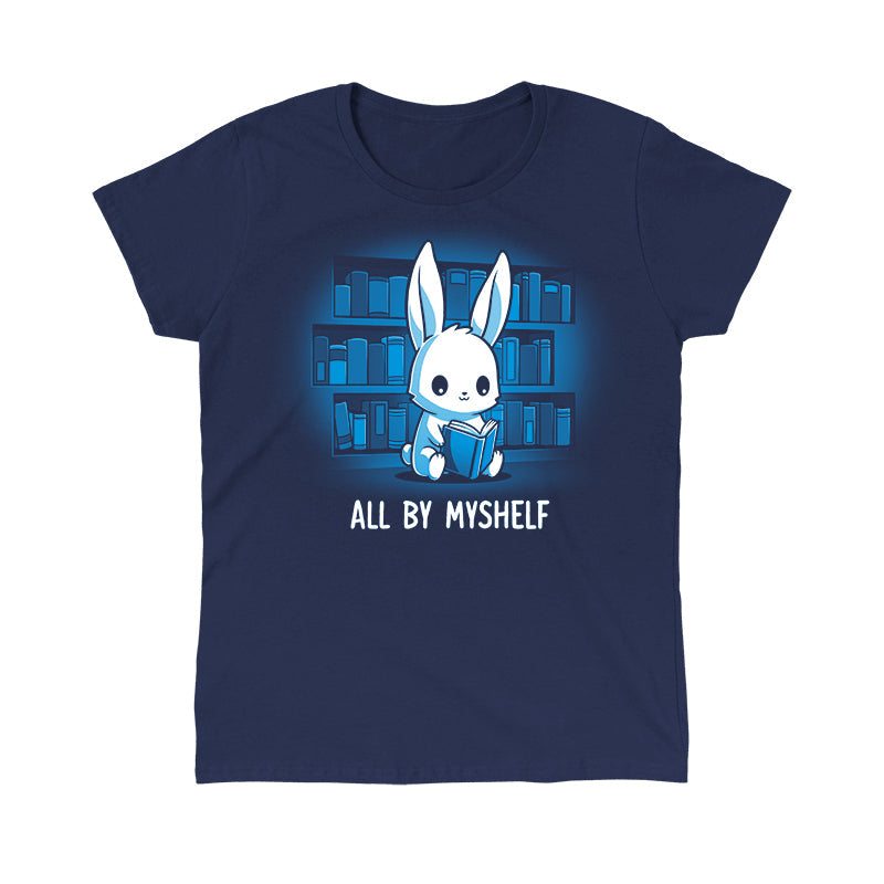 Classic Cotton T-shirt_TeeTurtle All By MyShelf navy blue t-shirt featuring a cute white rabbit sitting in front of bookshelves, reading a book, with the text "All By MyShelf" written below.