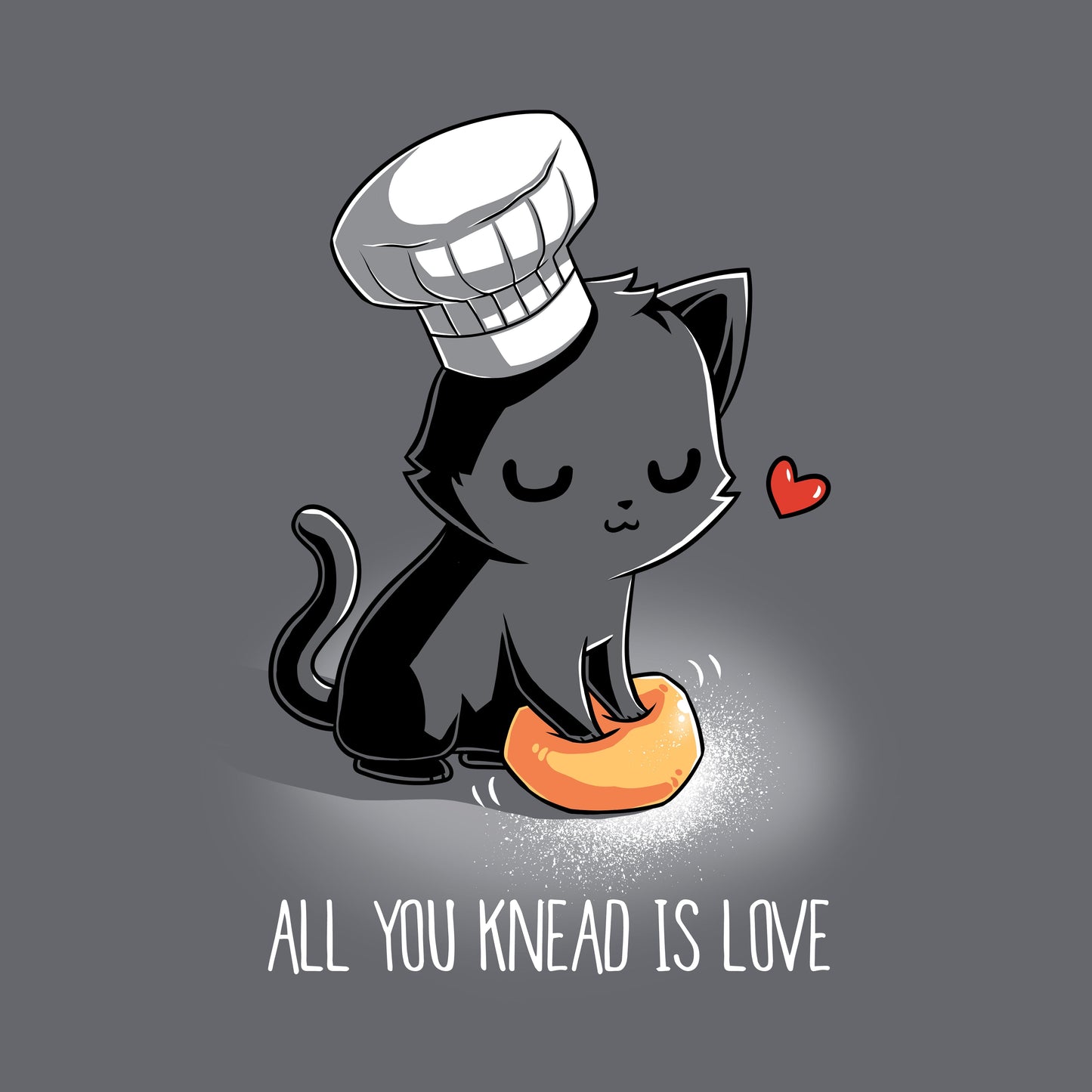 Classic Cotton T-shirt_A cartoon black cat wearing a chef's hat kneads a dough ball, with a red heart above its head, on this unisex tee. Caption reads: "All You Knead Is Love". Made of super soft ringspun cotton, this charcoal gray apparel called "All You Knead Is Love" by monsterdigital is perfect for cat lovers and baking enthusiasts alike.