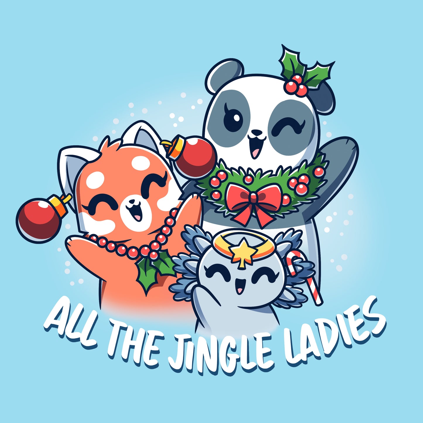 Classic Cotton T-shirt_TeeTurtle light blue All the Jingle Ladies apparel featuring a panda, red panda, and an axolotl wearing Christmas ornaments like jewelry.