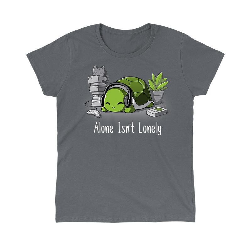 Classic Cotton T-shirt_TeeTurtle Alone Isn't Lonely charcoal gray t-shirt featuring a comfy-looking turtle with headphones laying by a plant, books, a cat, and video game items.