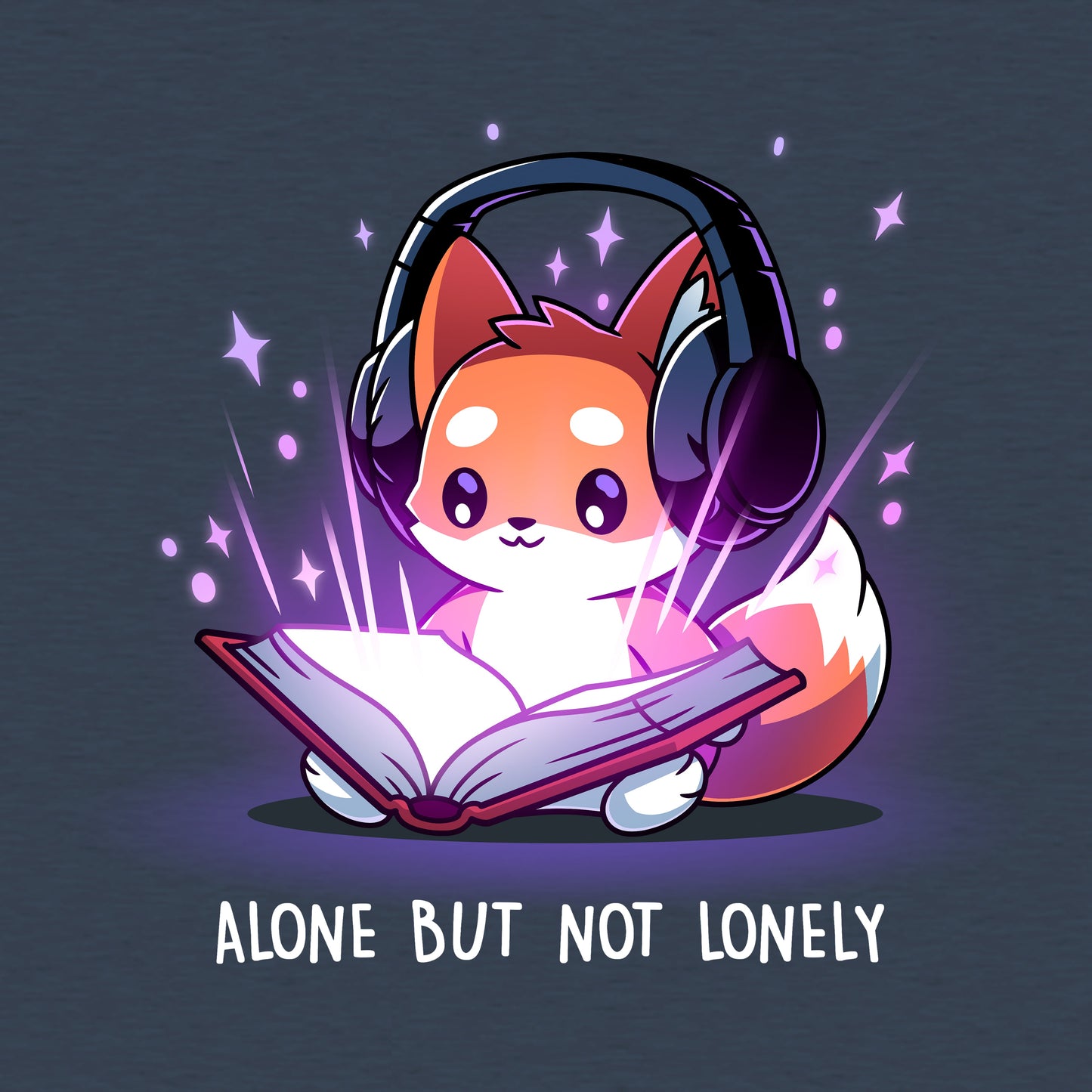 Classic Cotton T-shirt_TeeTurtle heather navy Alone But Not Lonely featuring an introverted fox sitting down with a book and headphones.