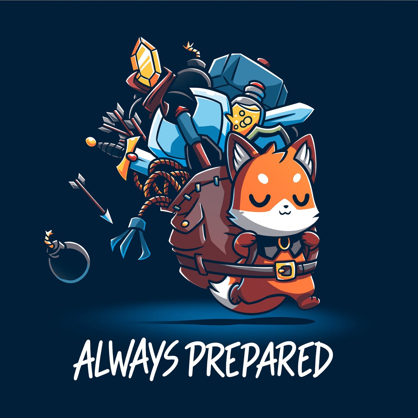 Long Sleeve T-shirt_TeeTurtle Always Prepared navy blue t-shirt featuring a fantasy cartoon fox dressed as an adventurer carrying an oversized backpack filled with weapons and tools.