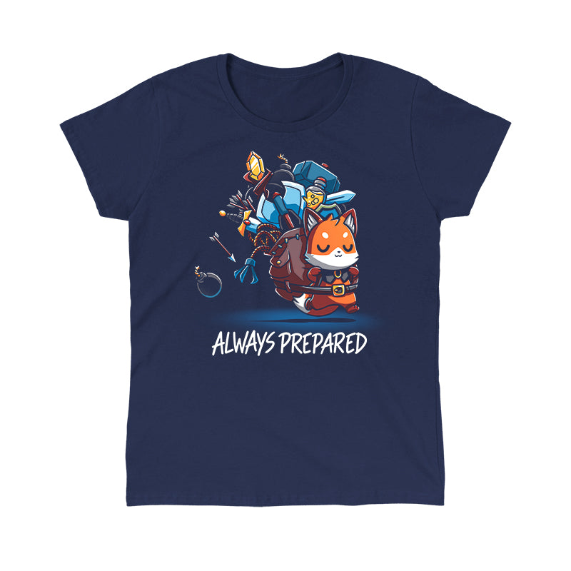 Classic Cotton T-shirt_TeeTurtle Always Prepared navy blue t-shirt featuring a fantasy cartoon fox dressed as an adventurer carrying an oversized backpack filled with weapons and tools.