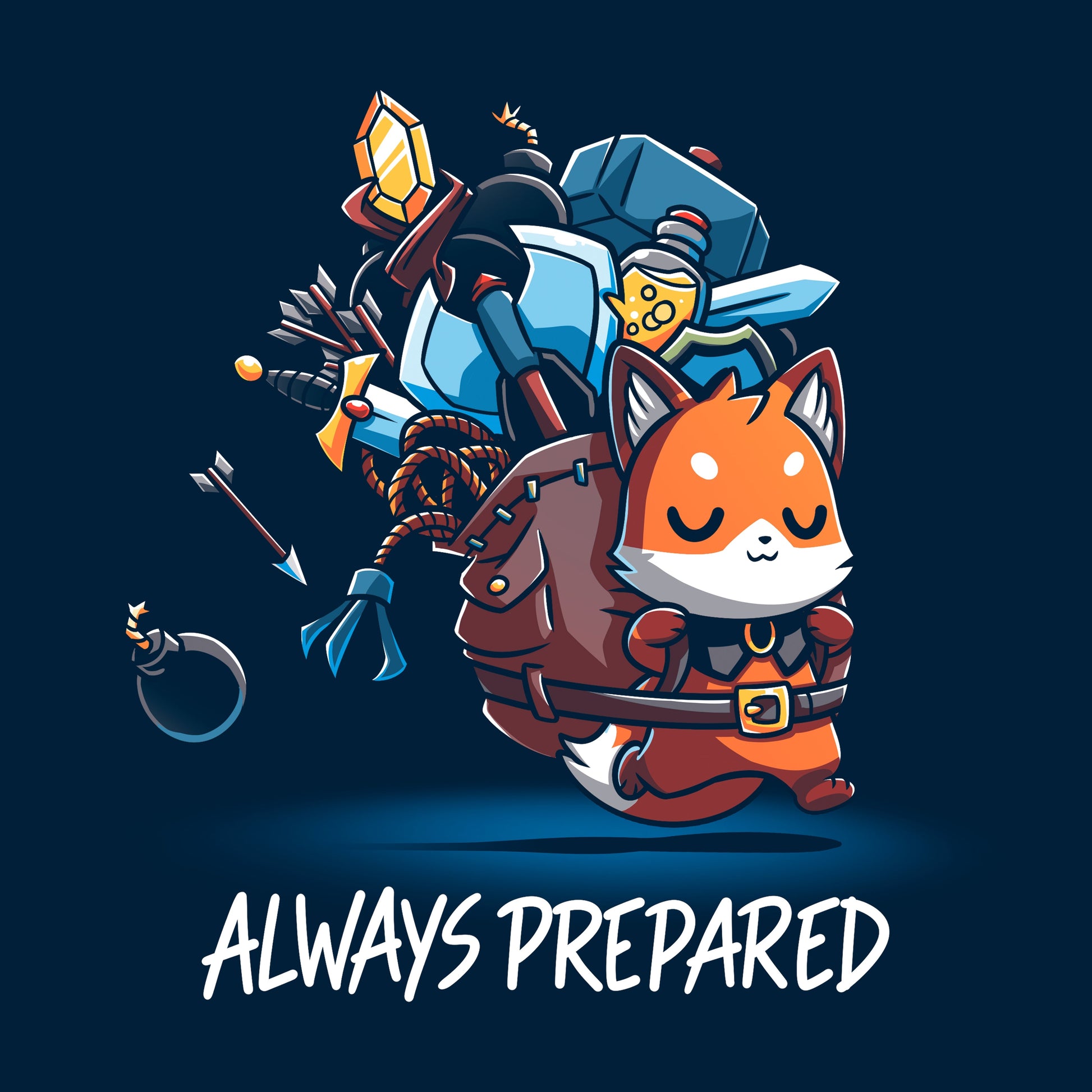 Classic Cotton T-shirt_TeeTurtle Always Prepared navy blue t-shirt featuring a fantasy cartoon fox dressed as an adventurer carrying an oversized backpack filled with weapons and tools.