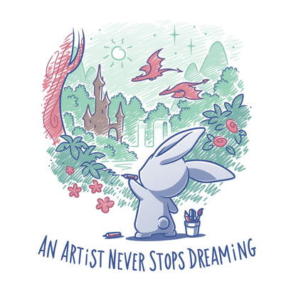 Classic Cotton T-shirt_TeeTurtle An Artist Never Stops Dreaming white t-shirt featuring a bunny painting a whimsical landscape with a castle, trees, and flying creature.