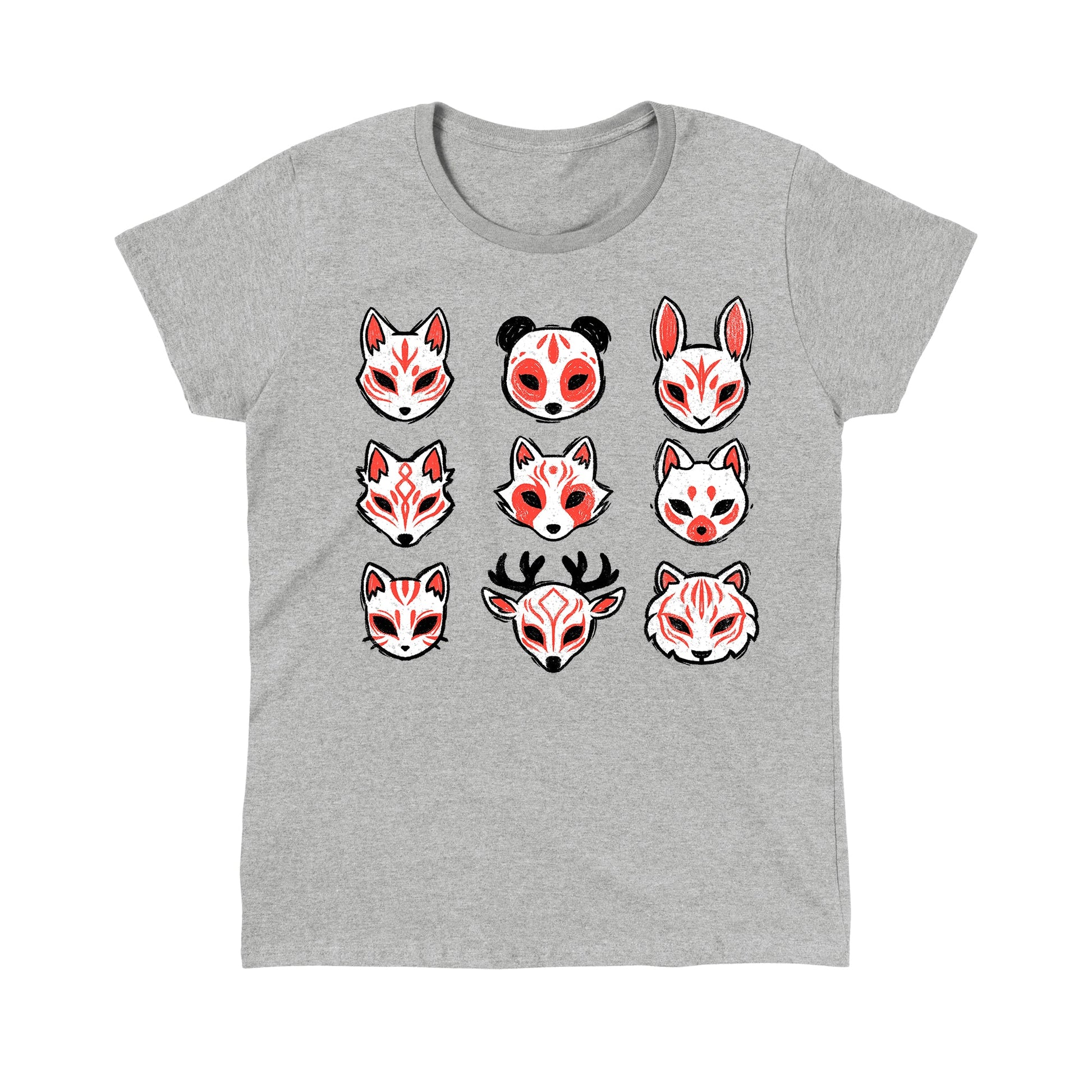 Classic Cotton T-shirt_TeeTurtle Animal Masks heather gray t-shirt featuring nine stylized animal masks, including foxes, a panda, a rabbit, a deer, and a tiger, each featuring red and black markings. 