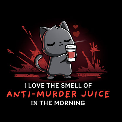 Long Sleeve T-shirt_TeeTurtle Anti-Murder Juice black t-shirt featuring a cat holding a coffee lovingly with red splatters behind.