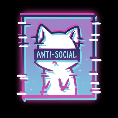 Classic Cotton T-shirt_TeeTurtle Anti-Social Cat black t-shirt featuring a white cat with "ANTI-SOCIAL" written over its eyes inside of a square with a gradient pink and blue background.