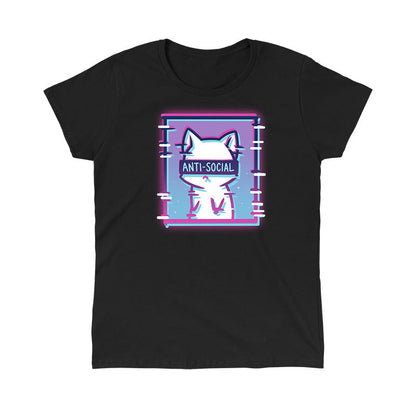 Classic Cotton T-shirt_TeeTurtle Anti-Social Cat black t-shirt featuring a white cat with "ANTI-SOCIAL" written over its eyes inside of a square with a gradient pink and blue background.