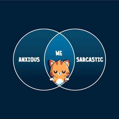 Classic Cotton T-shirt_TeeTurtle Anxious and Sarcastic navy blue t-shirt featuring a shrugging cartoon cat set in the middle of a diagram with 'Anxious' on one side and 'Sarcastic' on the other with 'Me' above its head in the middle.