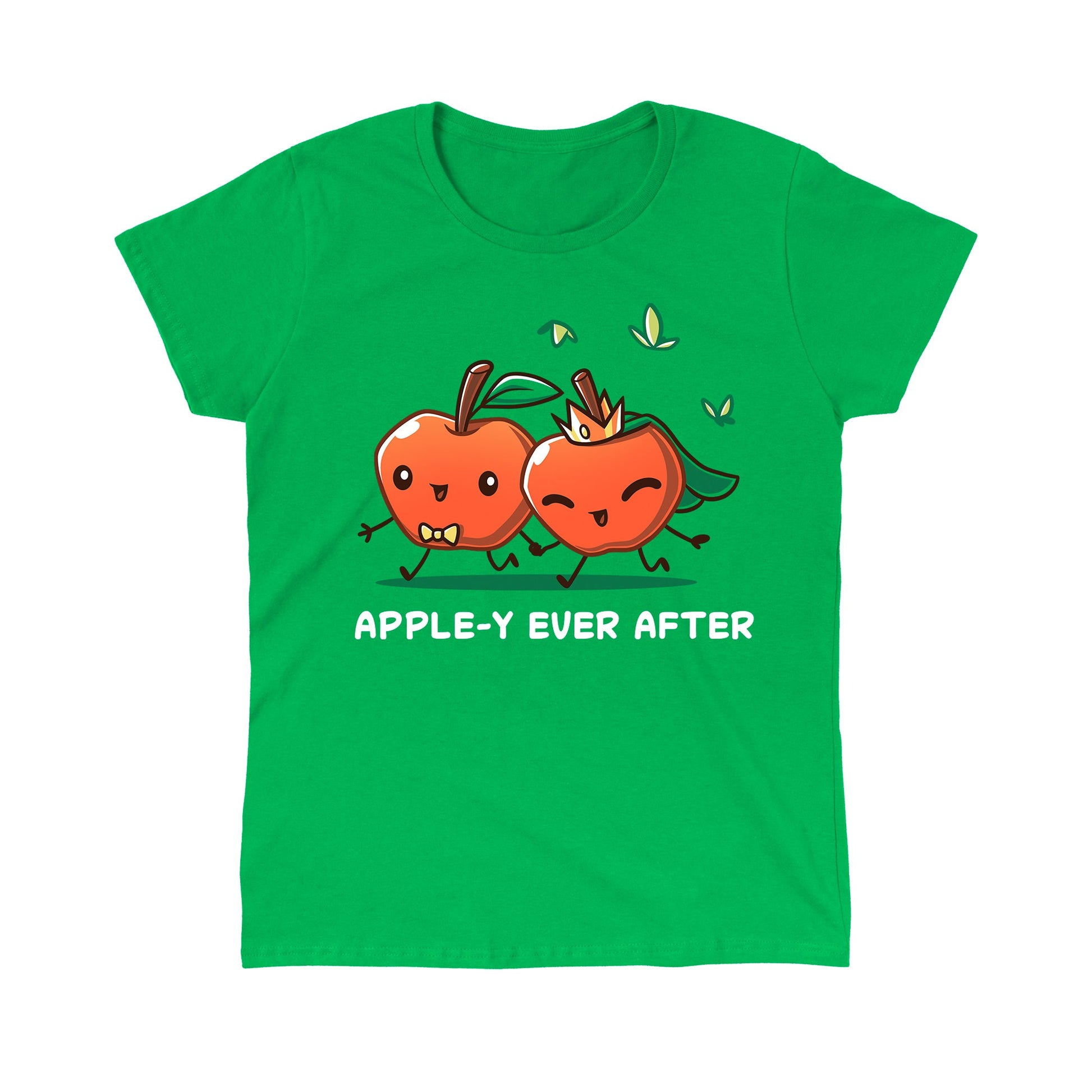 Classic Cotton T-shirt_TeeTurtle Apple-y Ever After Irish green t-shirt featuring two animated apples with happy faces holding hands, one wearing a bow tie and the other a crown and veil. The text "APPLE-Y EVER AFTER" is displayed below. 