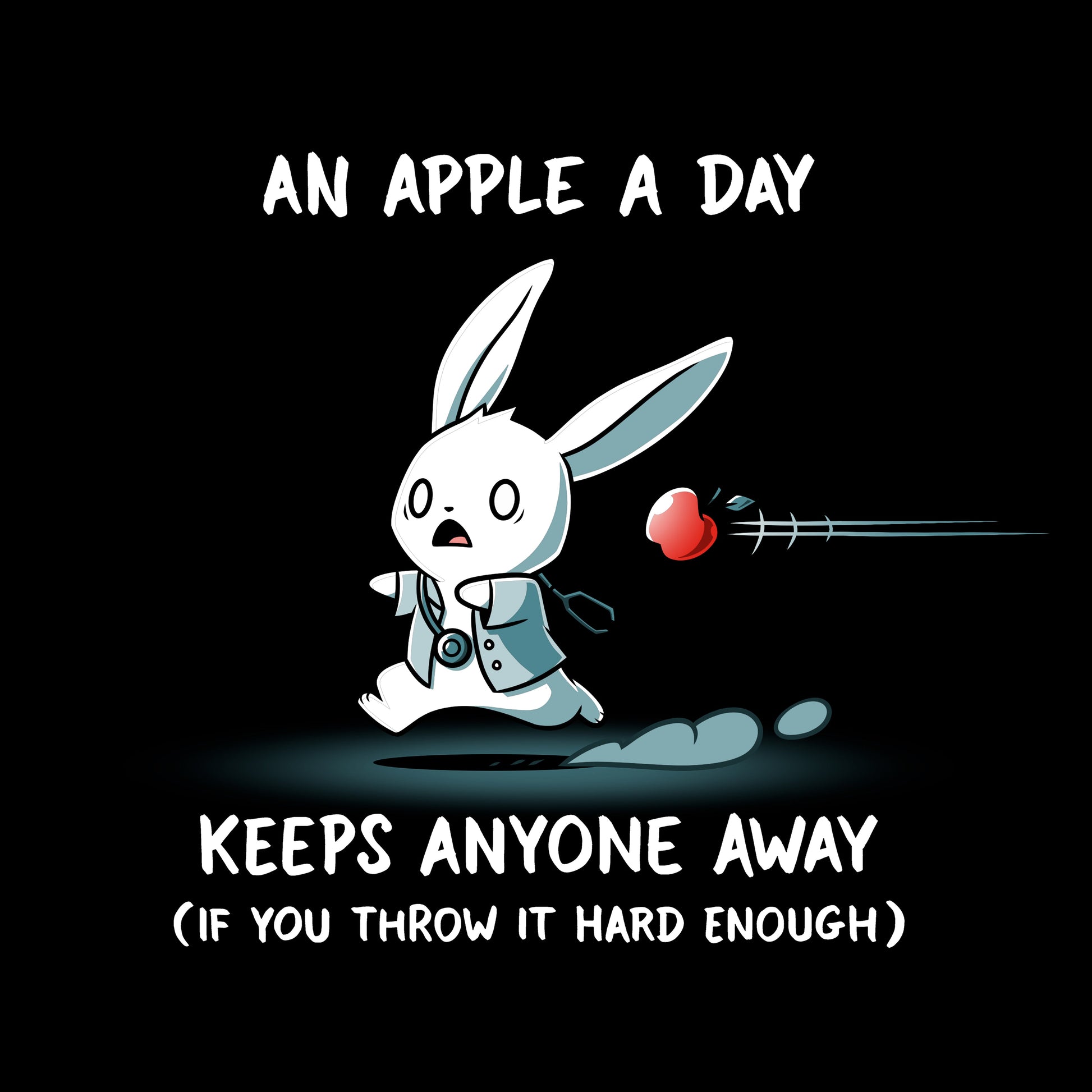 Classic Cotton T-shirt_TeeTurtle An Apple A Day Keeps Anyone Away black t-shirt featuring a rabbit, dressed in a doctor uniform, running away from a flying apple. Text above reads, "an apple a day keeps anyone away," and below, "(if you throw it hard enough)."