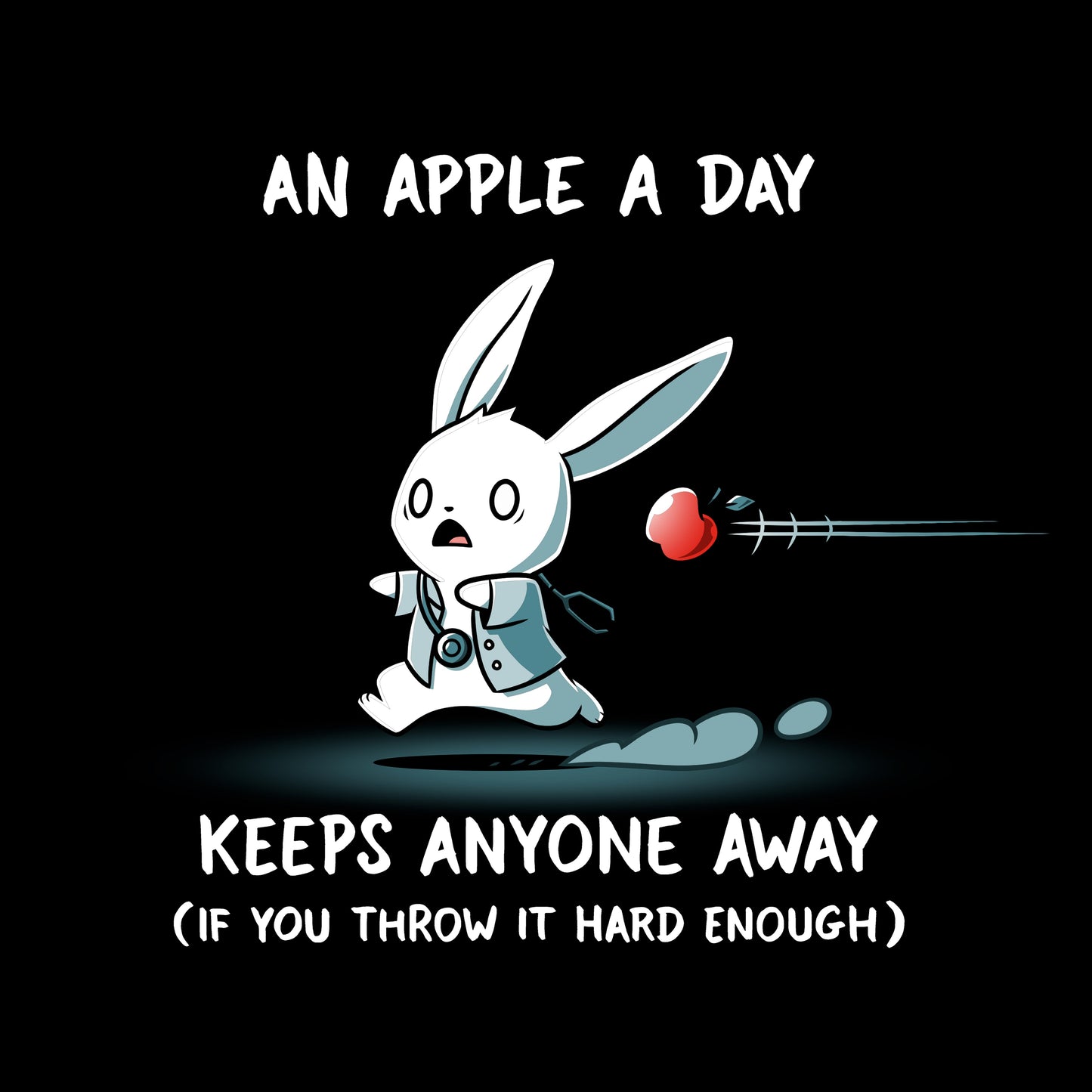 Pullover Hoodie_TeeTurtle An Apple A Day Keeps Anyone Away black t-shirt featuring a rabbit, dressed in a doctor uniform, running away from a flying apple. Text above reads, "an apple a day keeps anyone away," and below, "(if you throw it hard enough)."