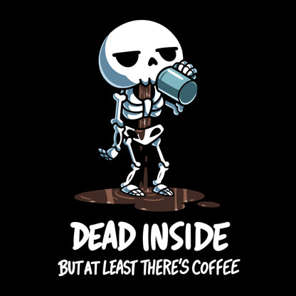 Classic Cotton T-shirt_TeeTurtle black At Least There's Coffee featuring a skeleton drinking coffee with the coffee leaking through it.