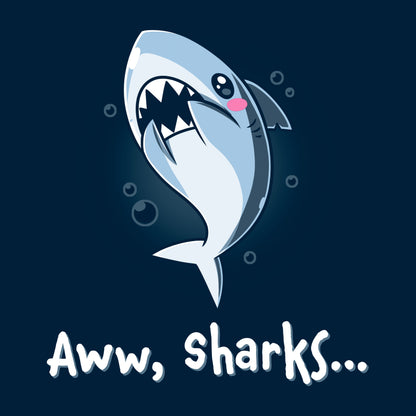 Classic Cotton T-shirt_TeeTurtle Aww, Sharks navy blue t-shirt featuring a cute cartoon shark with a blush on its face that swims with bubbles with a pun at the bottom that says, "Aww, Sharks". 