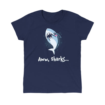 Classic Cotton T-shirt_TeeTurtle Aww, Sharks navy blue t-shirt featuring a cute cartoon shark with a blush on its face that swims with bubbles with a pun at the bottom that says, "Aww, Sharks". 