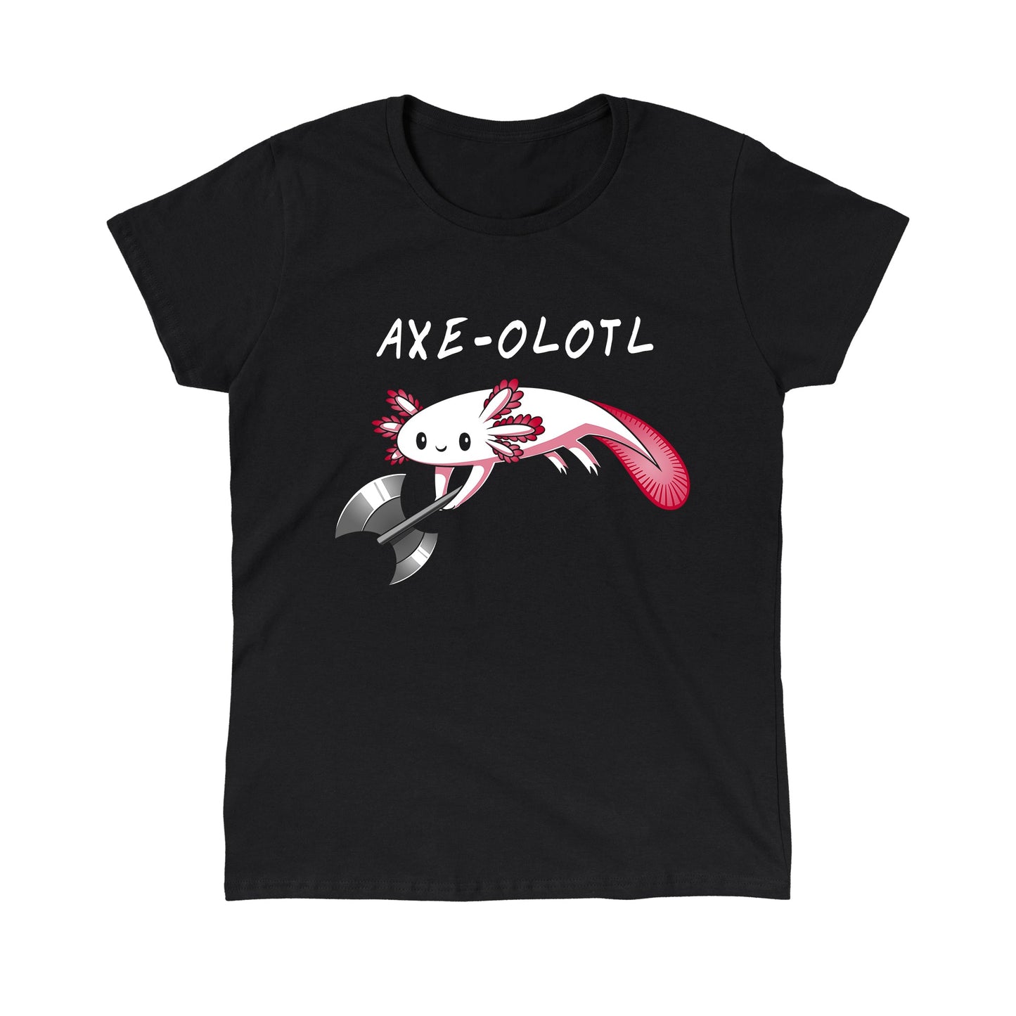 Classic Cotton T-shirt_A drawing of a smiling axolotl holding an axe, with "AXE-OLOTL" written above it. Available on a super soft ringspun cotton Black Unisex apparelfor the ultimate comfort. This Axe-olotl apparel from monsterdigital is perfect for any quirky graphic apparelenthusiast!