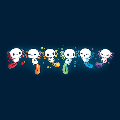 Classic Cotton T-shirt_TeeTurtle navy blue Axolotl Rainbow. Featuring a row of white axolotls with fins in a rainbow-colored sequence.