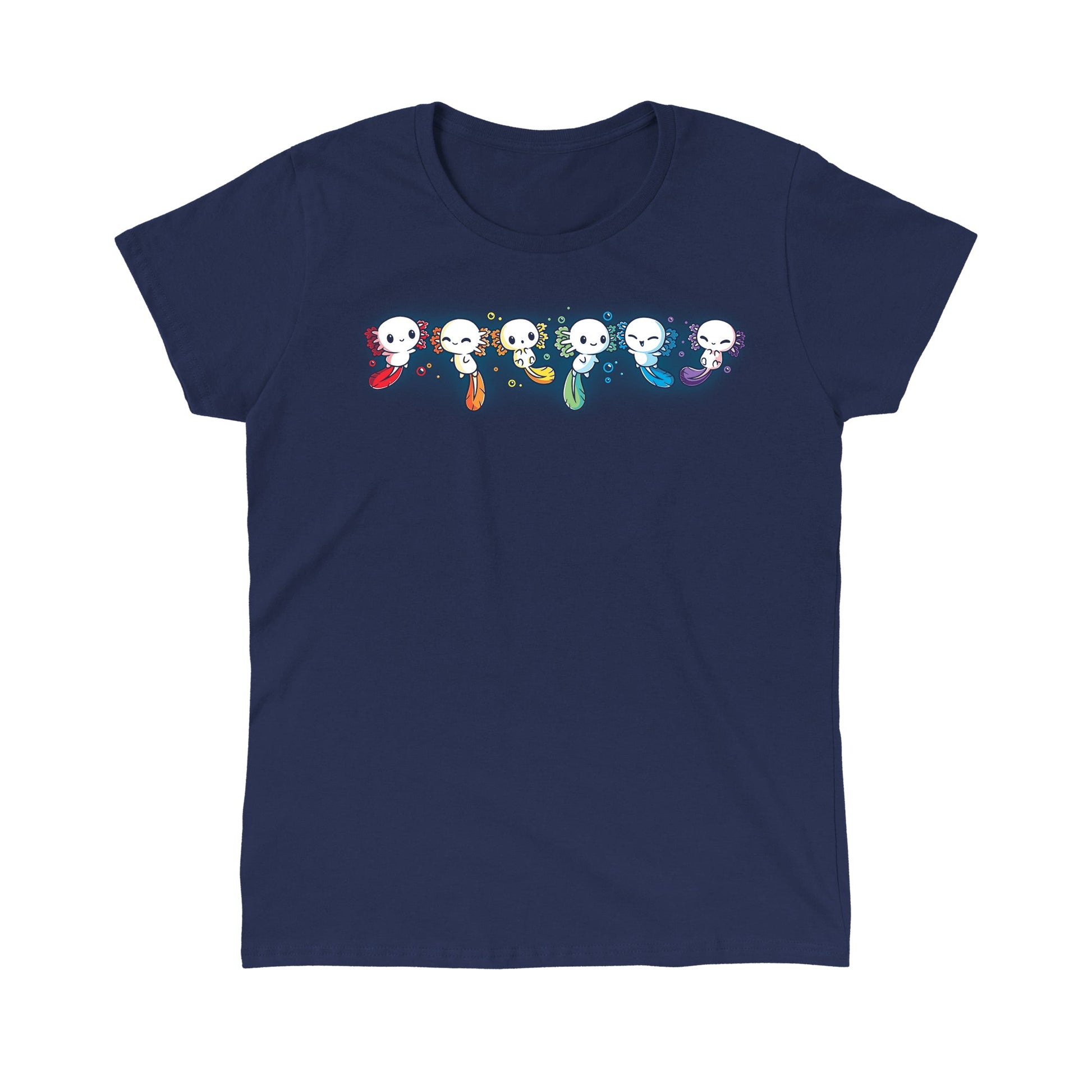 Classic Cotton T-shirt_TeeTurtle navy blue Axolotl Rainbow. Featuring a row of white axolotls with fins in a rainbow-colored sequence.