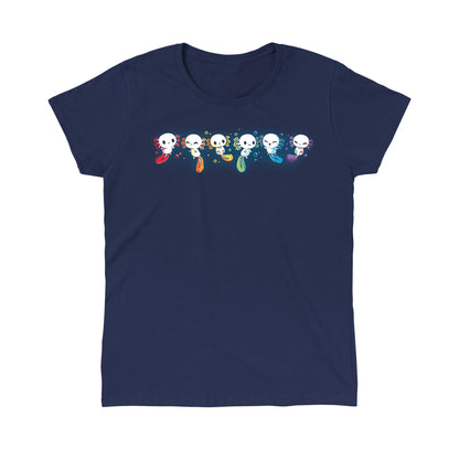 Classic Cotton T-shirt_TeeTurtle navy blue Axolotl Rainbow. Featuring a row of white axolotls with fins in a rainbow-colored sequence.