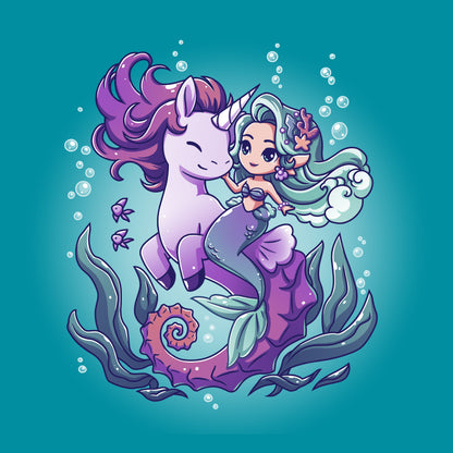 Classic Cotton T-shirt_Teeturtle BFFs (Sea Unicorn and Mermaid) tropical blue t-shirt featuring an illustrated image of a cheerful mermaid with teal hair riding a smiling purple unicorn underwater, surrounded by bubbles, fish, and sea plants.