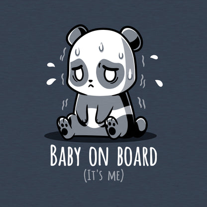 Classic Cotton T-shirt_TeeTurtle heather navy Baby on Board (It's Me) featuring an anxious panda sitting down.