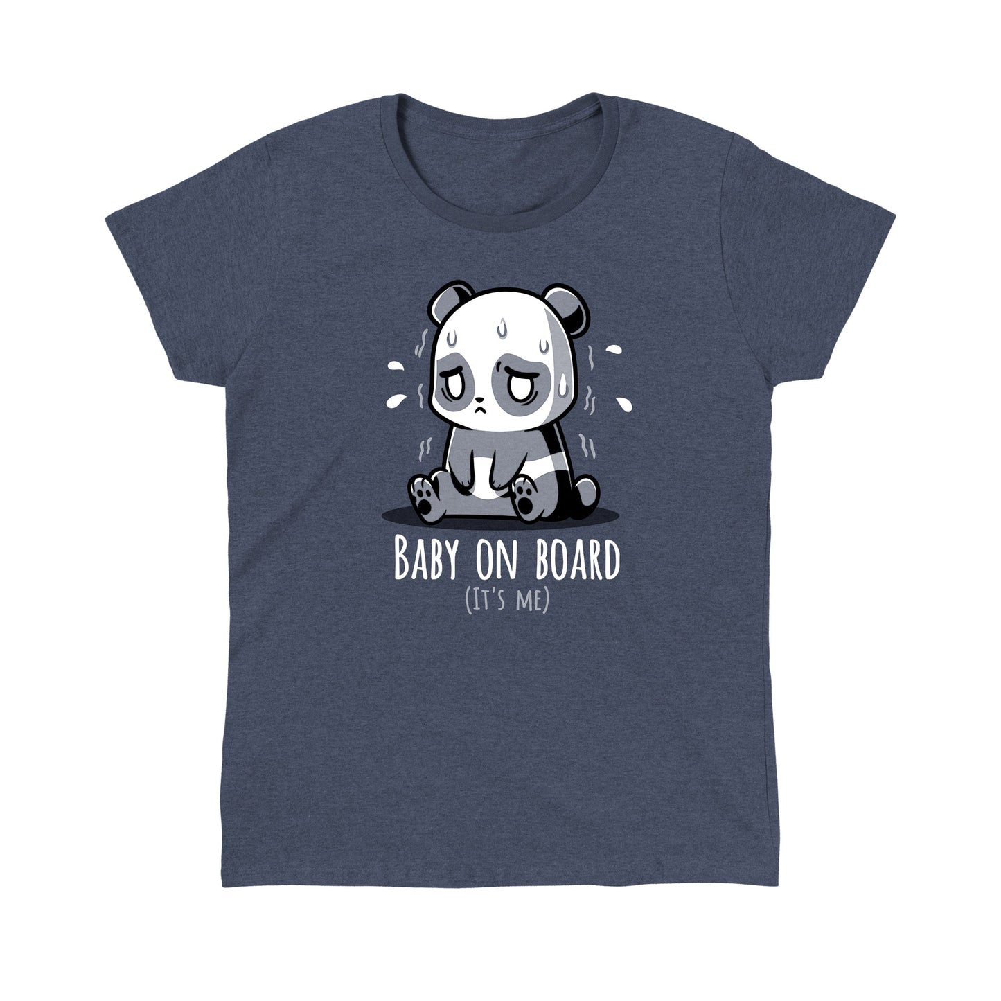 Classic Cotton T-shirt_TeeTurtle heather navy Baby on Board (It's Me) featuring an anxious panda sitting down.