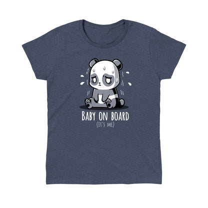 Classic Cotton T-shirt_TeeTurtle heather navy Baby on Board (It's Me) featuring an anxious panda sitting down.