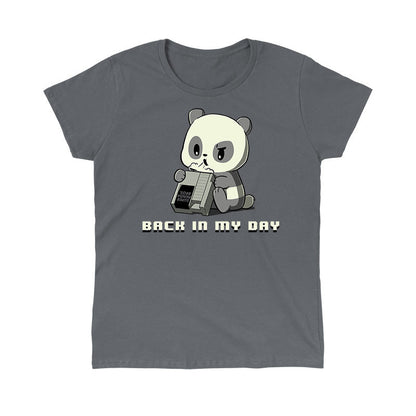 Classic Cotton T-shirt_A cartoon panda blows into an old video game cartridge labeled "Super Panda Bros." on a charcoal gray apparel. The text below reads "Back in my day." This monsterdigital "Back in My Day" original is perfect for the nostalgic video game technician.