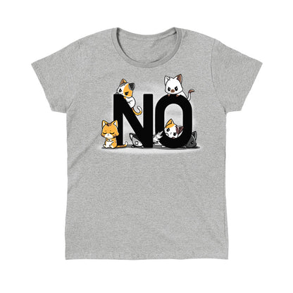 Classic Cotton T-shirt_TeeTurtle Bad Cattitude heather gray t-shirt featuring a group of six cats with grumpy faces. Large black letters spell out "NO."