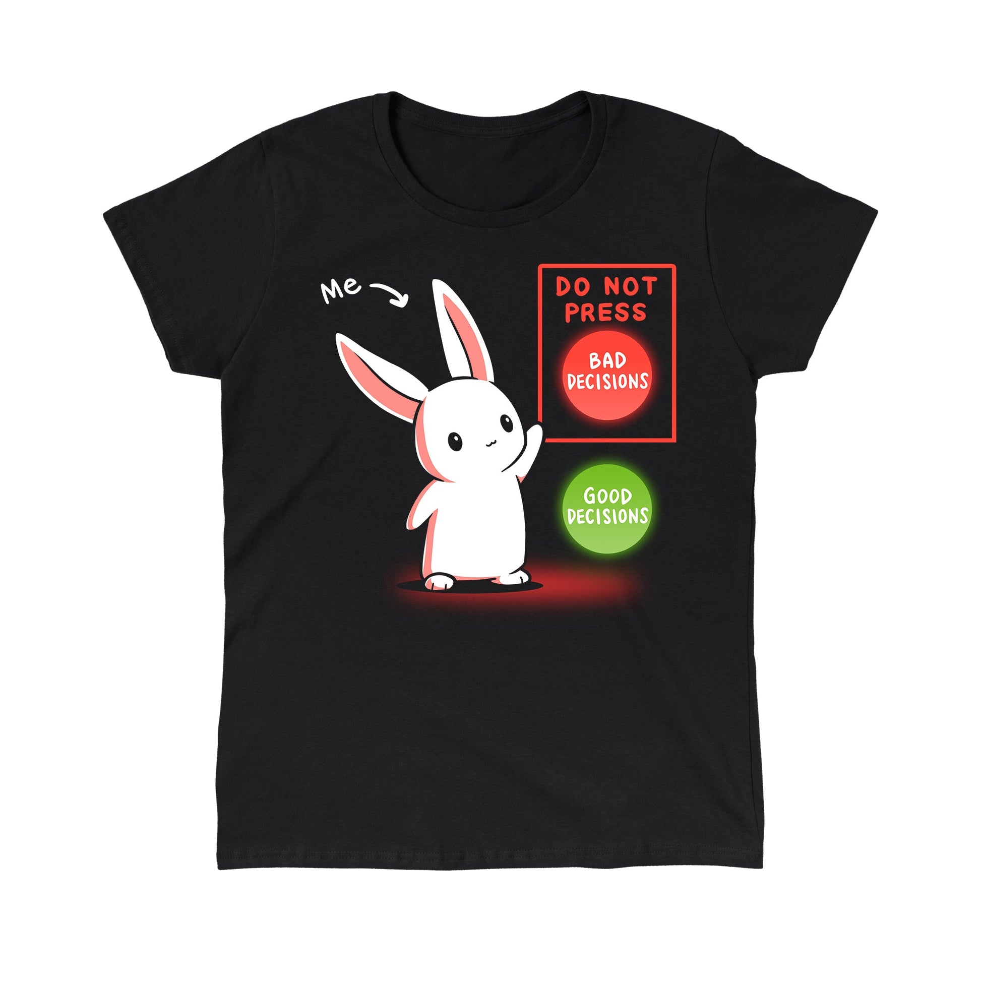 Classic Cotton T-shirt_TeeTurtle Bad Decision Bunny black t-shirt featuring a bunny with an arrow that says "me." The bunny is pointing to a red button labeled "DO NOT PRESS. BAD DECISIONS" next to a green button labeled "GOOD DECISIONS."