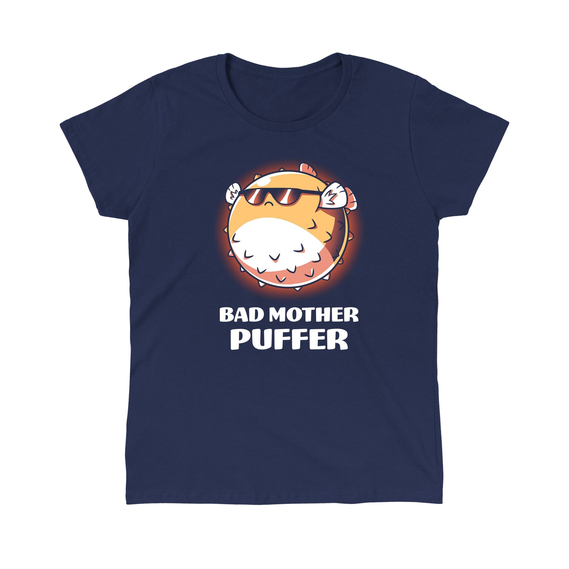 Classic Cotton T-shirt_TeeTurtle Bad Mother Puffer navy blue t-shirt featuring a pufferfish wearing sunglasses.