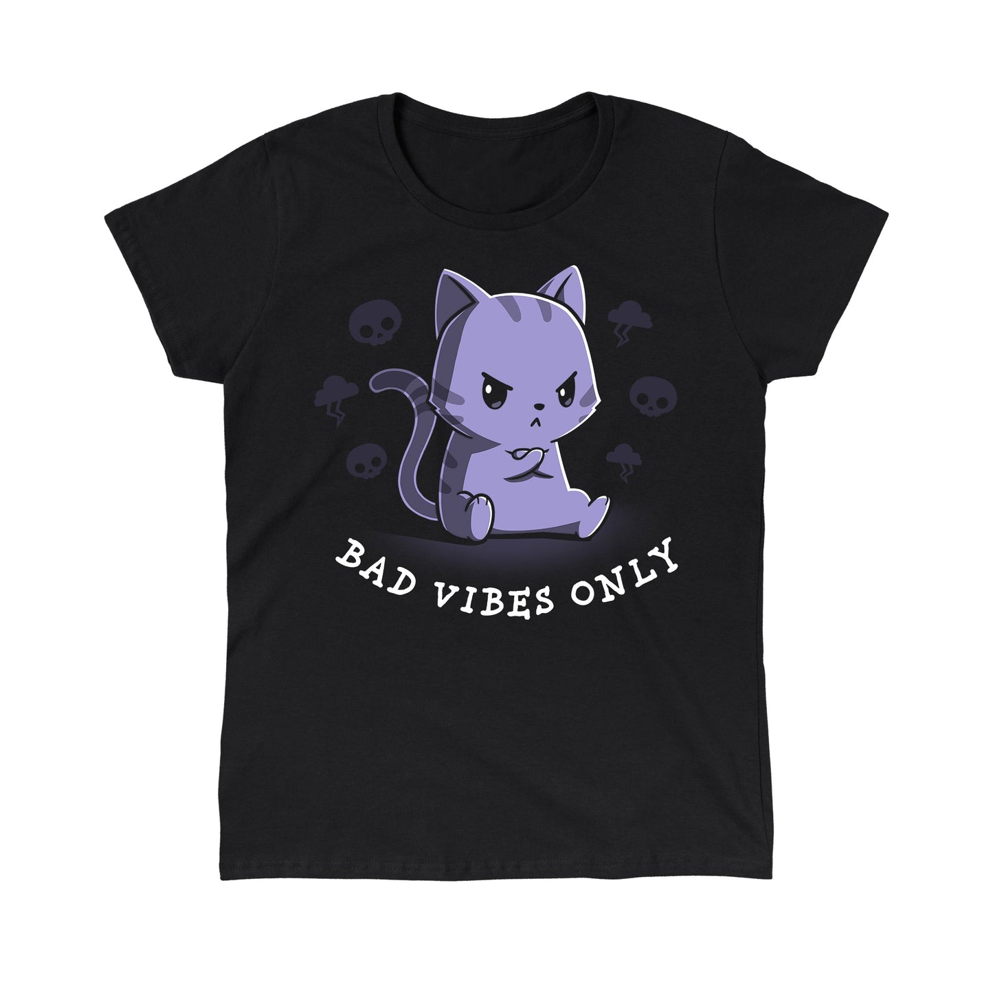 Classic Cotton T-shirt_Teeturtle Bad Vibes Only black t-shirt featuring an angry grumpy looking cat with its forepaws crossed and surrounded by skulls and lightning clouds with 'Bad Vibes Only' written underneath it.