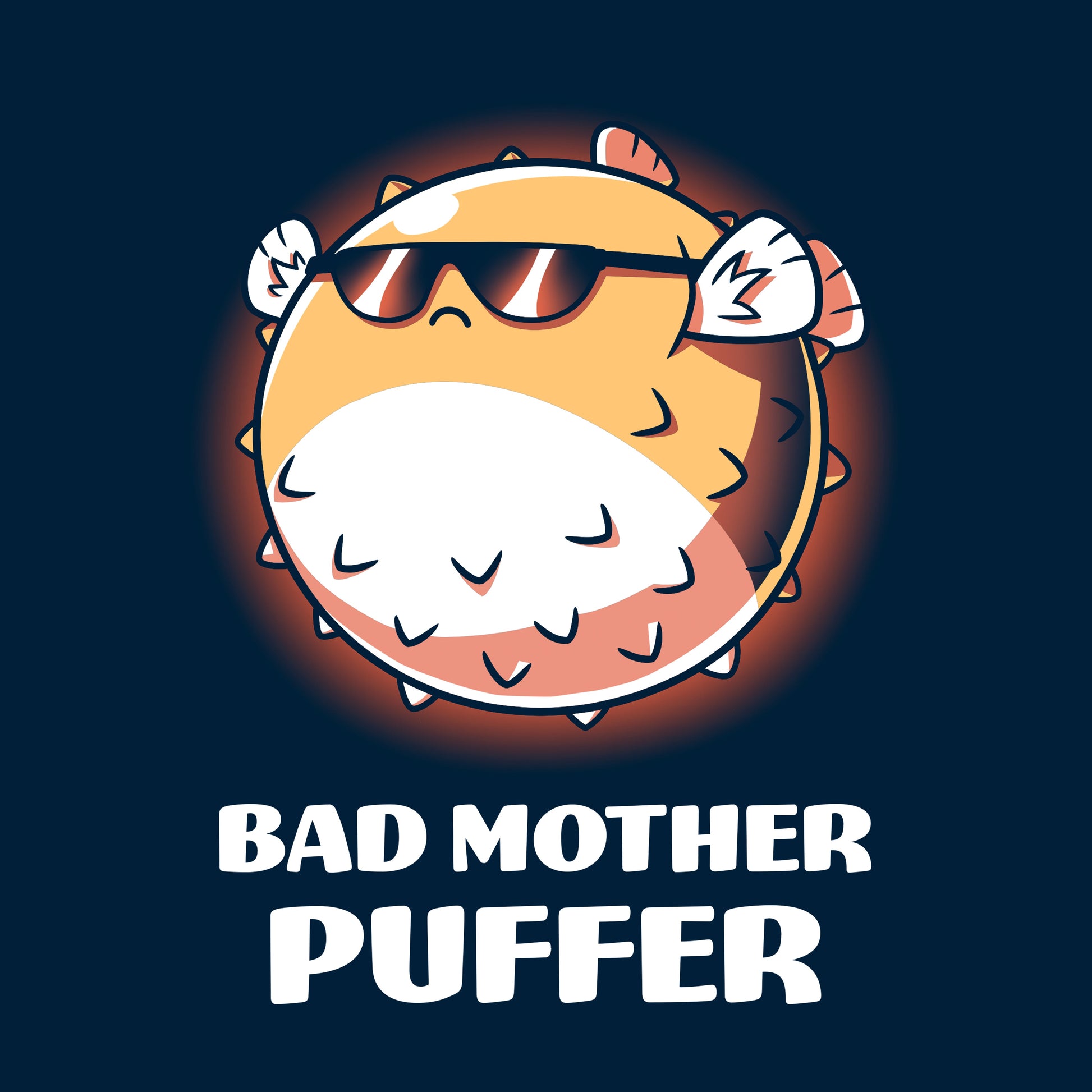 Classic Cotton T-shirt_TeeTurtle Bad Mother Puffer navy blue t-shirt featuring a pufferfish wearing sunglasses.