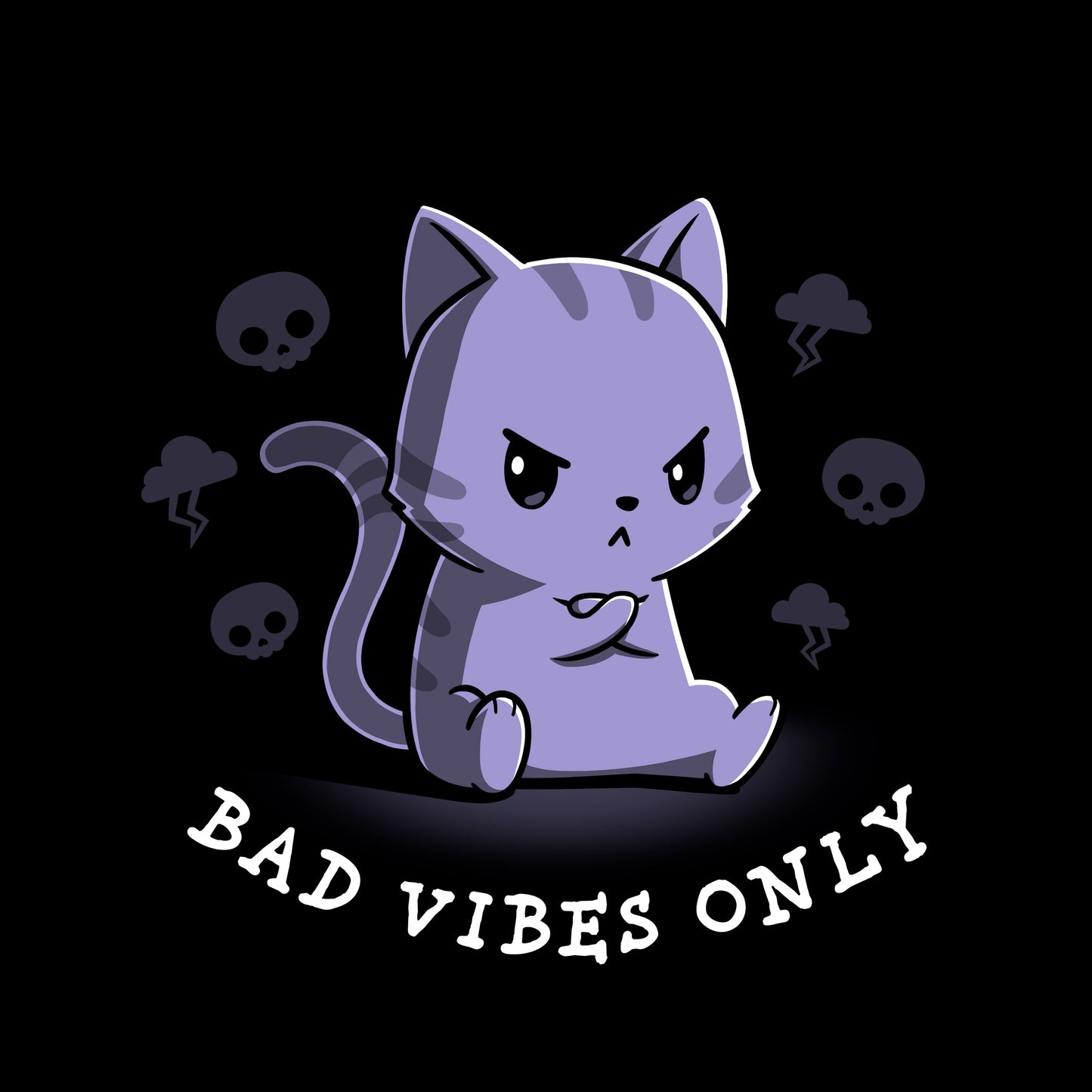 Classic Cotton T-shirt_Teeturtle Bad Vibes Only black t-shirt featuring an angry grumpy looking cat with its forepaws crossed and surrounded by skulls and lightning clouds with 'Bad Vibes Only' written underneath it.