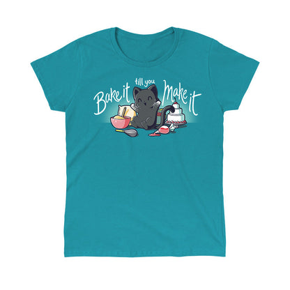 Classic Cotton T-shirt_TeeTurtle Bake It Till You Make It tropical blue t-shirt featuring a black cat with baking ingredients and tools, including bowls, a whisk, a piping bag, and a cake. The text reads "bake it till you make it."