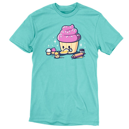 Premium Cotton T-shirt_Teeturtle Baking Cupcakes caribbean blue t-shirt featuring a big cartoon-styled cupcake putting icing on smaller cupcakes.