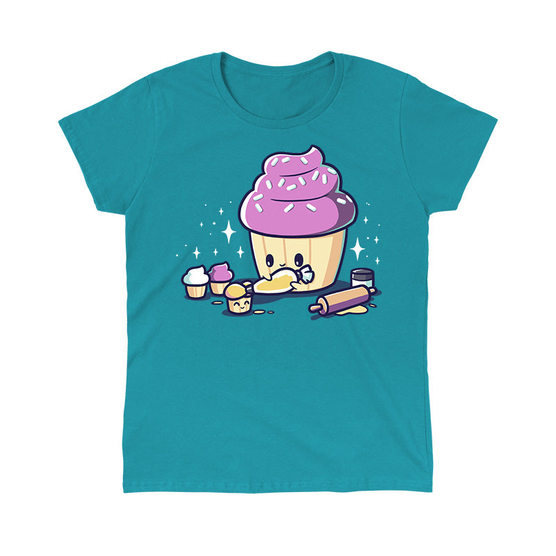 Classic Cotton T-shirt_TeeTurtle Strong as a Mother tropical blue t-shirt featuring a big cartoon-styled cupcake putting icing on smaller cupcakes.