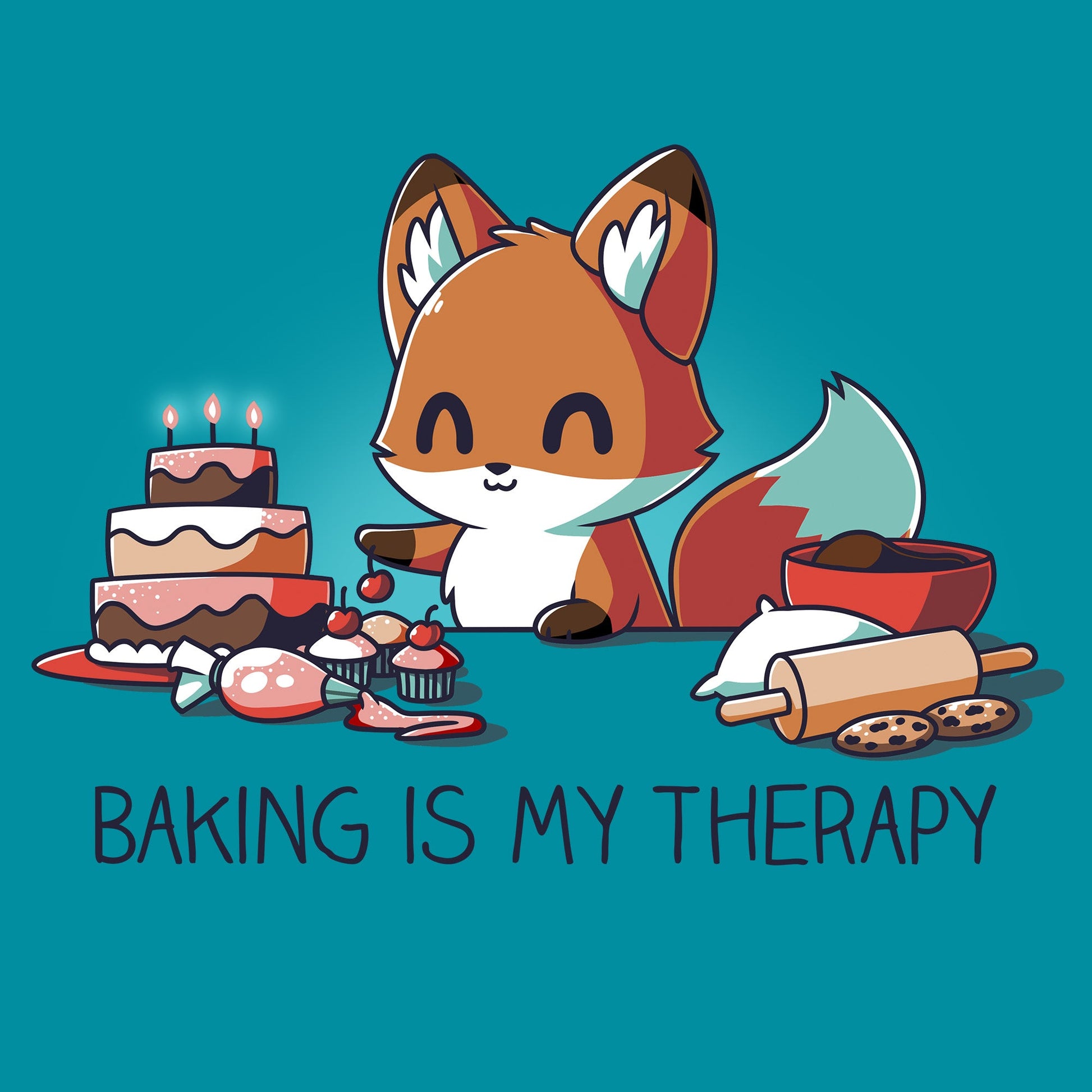 Classic Cotton T-shirt_TeeTurtle Baking Is My Therapy tropical blue t-shirt featuring a happy little fox surrounded by baking supplies, cookies and a cake. The fox is about to put a cherry on a freshly baked cupcake.