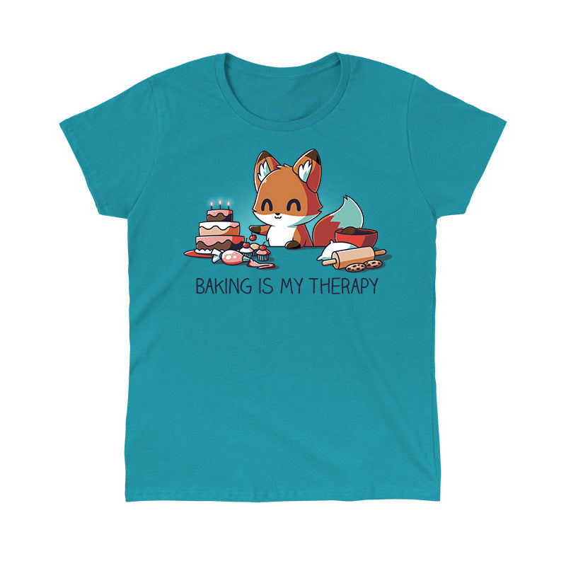 Classic Cotton T-shirt_TeeTurtle Baking Is My Therapy tropical blue t-shirt featuring a happy little fox surrounded by baking supplies, cookies and a cake. The fox is about to put a cherry on a freshly baked cupcake.