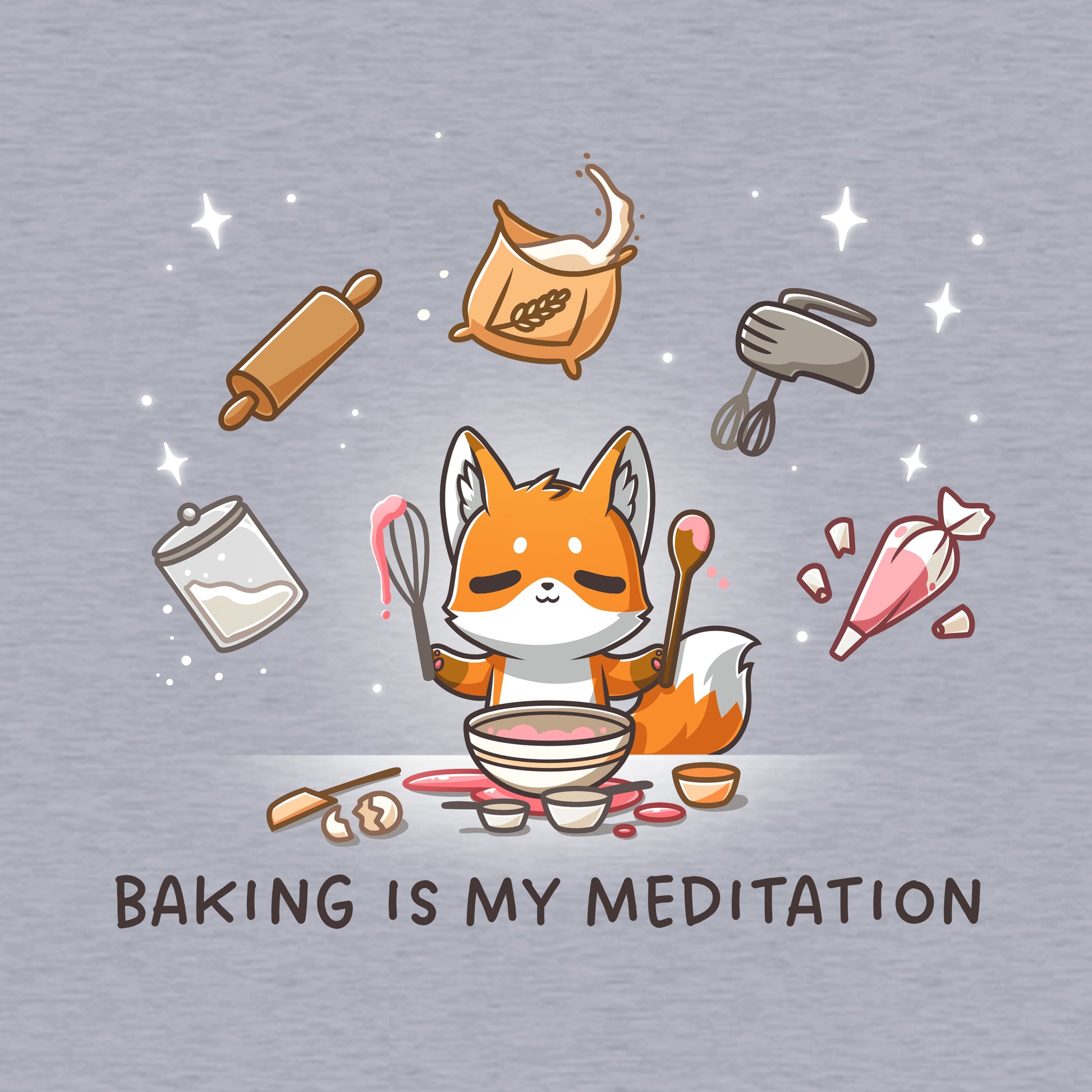 Long Sleeve T-shirt_TeeTurtle heather gray Baking Is My Meditation t-shirt featuring a peaceful fox in front of a bowl of batter holding baking tools with other baking tools floating around it in an arc.