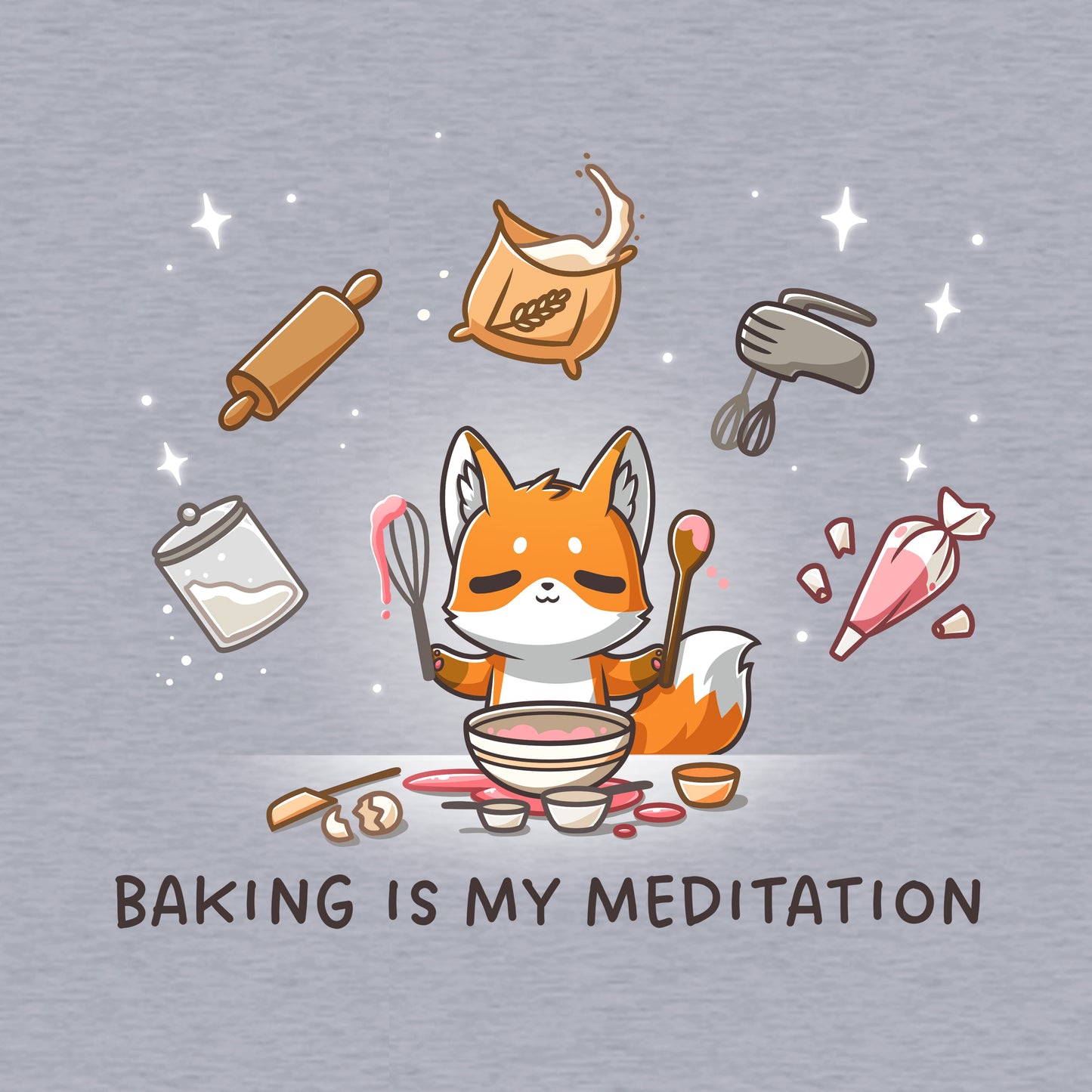 Pullover Hoodie_TeeTurtle heather gray Baking Is My Meditation hoodie featuring a peaceful fox in front of a bowl of batter holding baking tools with other baking tools floating around it in an arc.