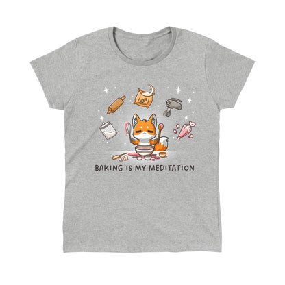 Classic Cotton T-shirt_TeeTurtle heather gray Baking Is My Meditation t-shirt featuring a peaceful fox in front of a bowl of batter holding baking tools with other baking tools floating around it in an arc.