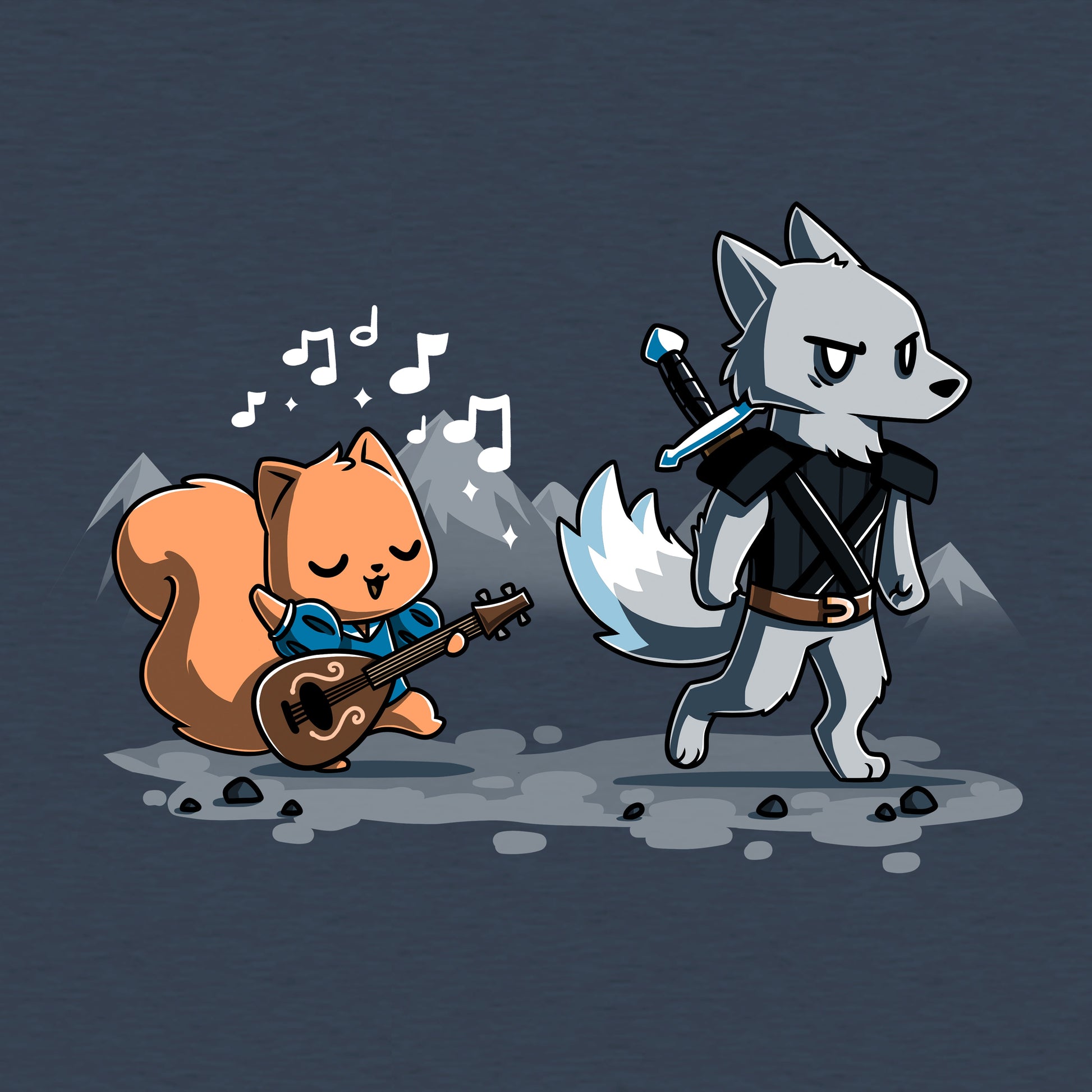 Classic Cotton T-shirt_Teeturtle Ballad of the Bard heather navy t-shirt featuring a squirrel playing a guitar with music notes around, while a wolf in armor holding a sword walks ahead in a mountain landscape. 