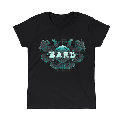 Classic Cotton T-shirt_TeeTurtle Bard Class black t-shirt featuring an artistic "Bard" word in front of a D20 device with swords going through and feathers around it and a lyre at the bottom.