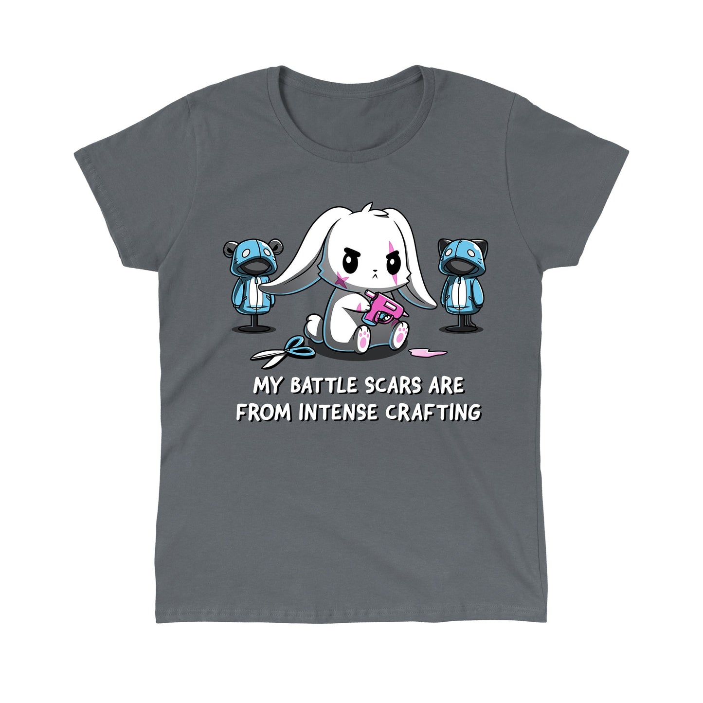 Classic Cotton T-shirt_TeeTurtle Battle Scars charcoal gray t-shirt featuring a determined cartoon rabbit holding a hot glue gun, surrounded by sewing supplies and mannequins, with the text "My battle scars are from intense crafting" below.