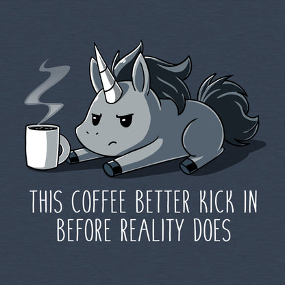 Classic Cotton T-shirt_Teeturtle Before Reality Kicks In heather navy t-shirt featuring a grumpy-looking unicorn on its stomach with a cup of steaming coffee in front of it.