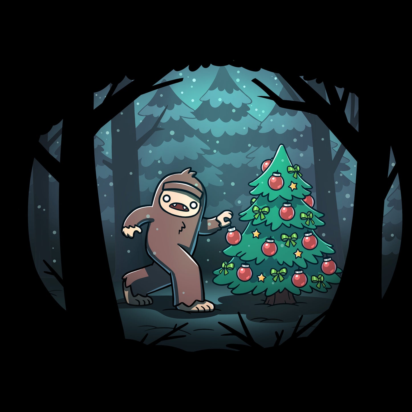 Pullover Hoodie_TeeTurtle black Bigfoot Christmas apparel featuring a sasquatch caught putting holiday decor on a tree in the middle of a snowy forest.